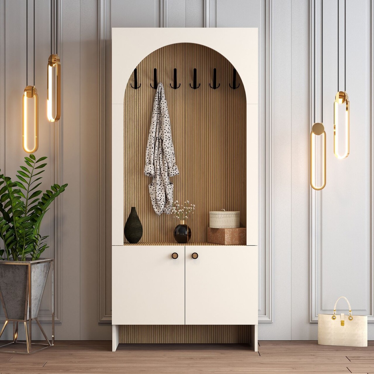 Cuier de perete, Hanah Home, Palermo K, 90x200.6x37 cm, PAL, Crem / Stejar - imagine 7
